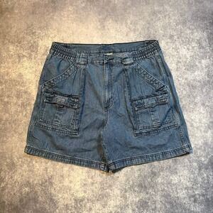 Vintage St Johns Bay Mens 38 Blue Denim Front Cargo Shorts Elastic Waist Cotton